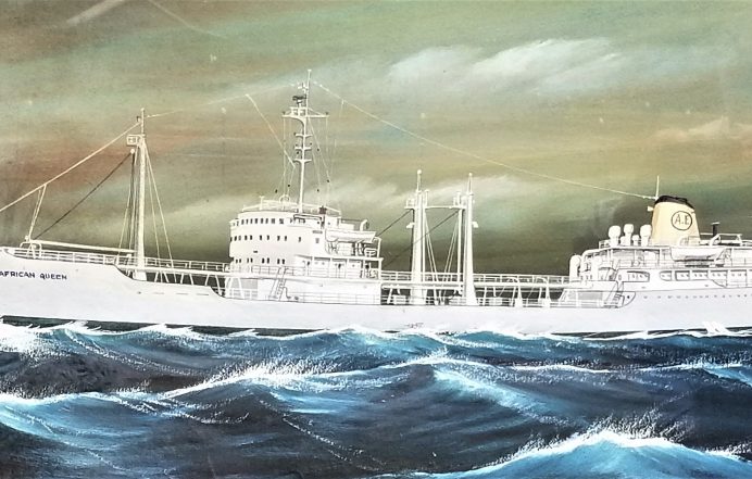 artwork of African Queen ship in sea
